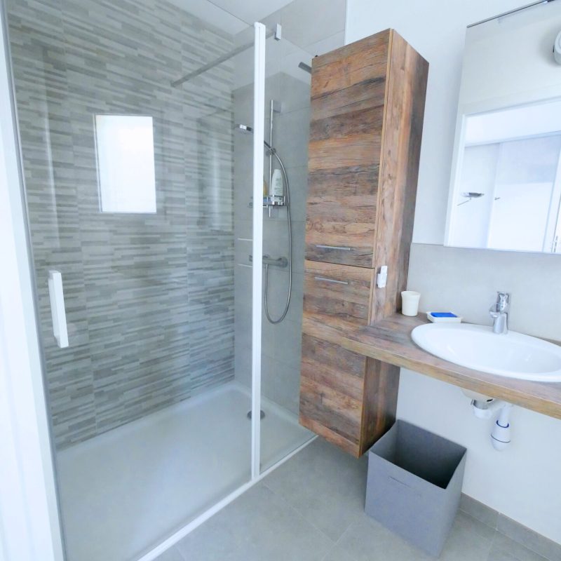 Salle de bain douche bois vasque